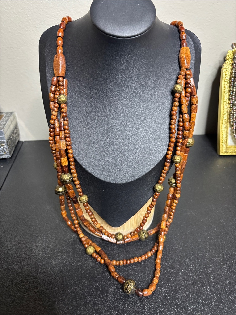 Layered Boho Brown Wooden Bead Necklace with Brass Accents